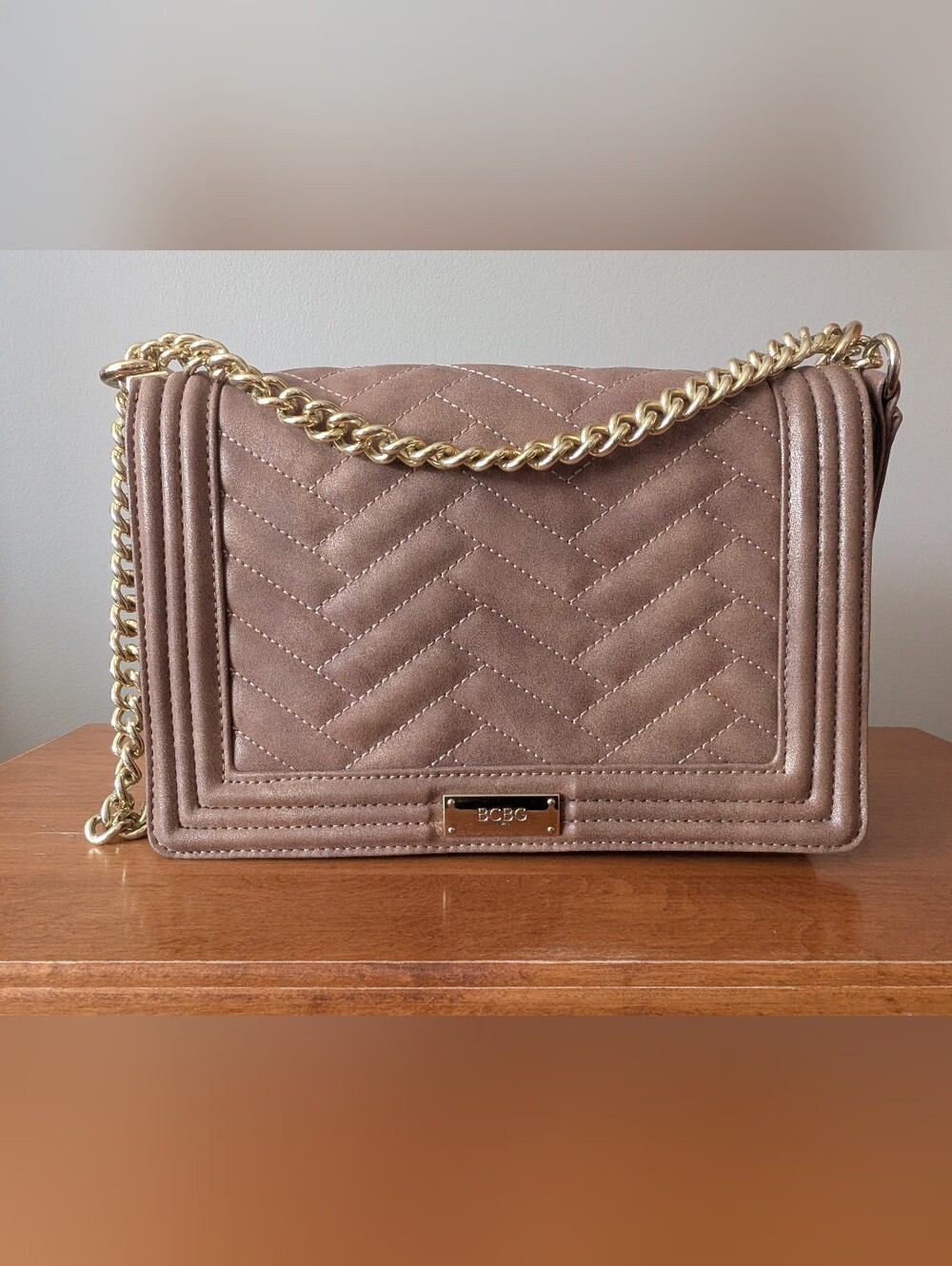 BCBG Quilted Taupe Shoulder Bag with Gold Chain Strap